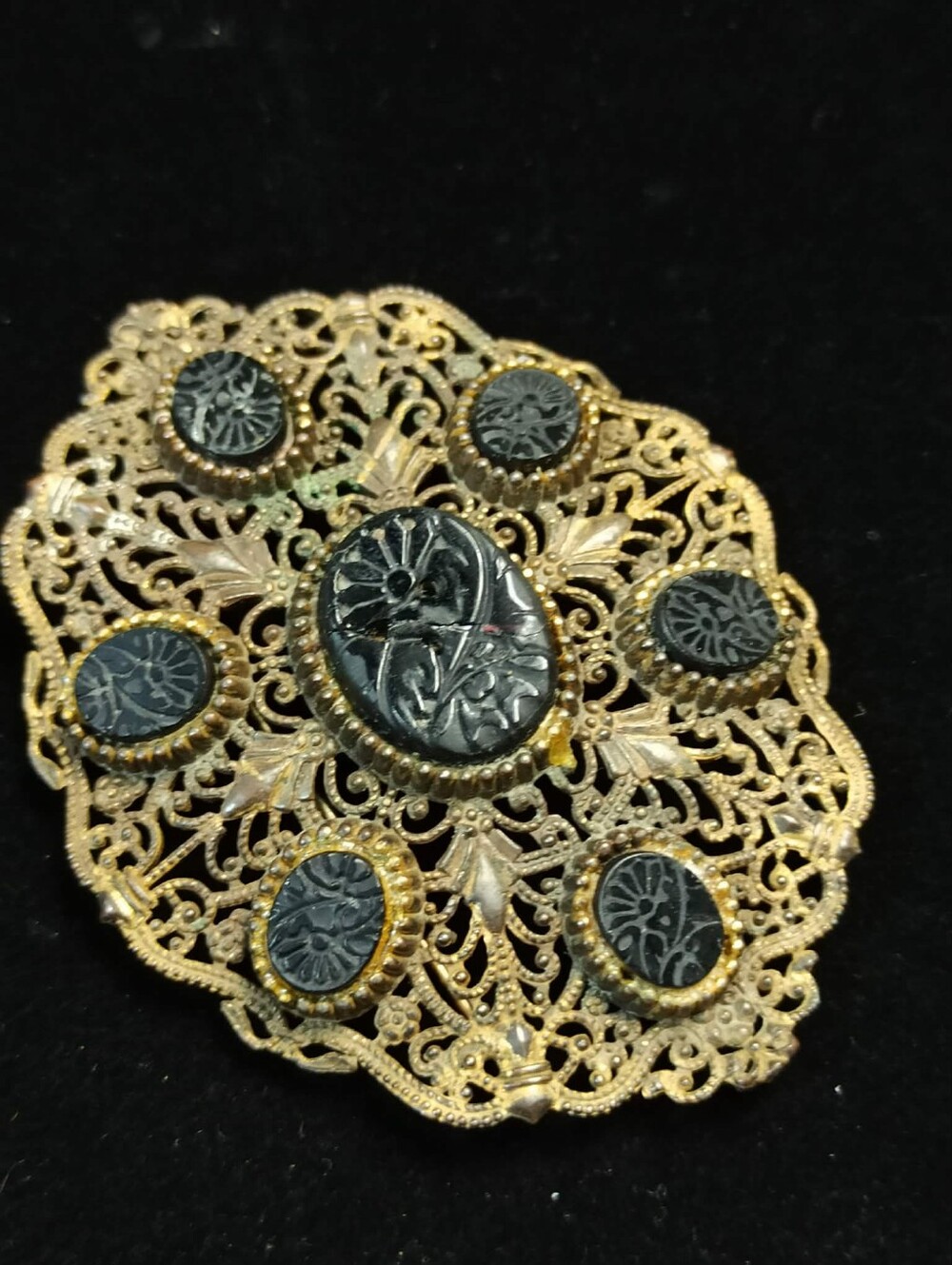 Vintage 1960s Filigree Black Onyx Cabochon Brooch Pendant Victorian Revival - Picture 11 of 12